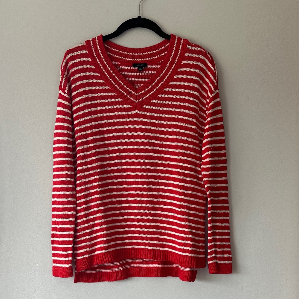 Talbots Red and White V-Neck Sweater